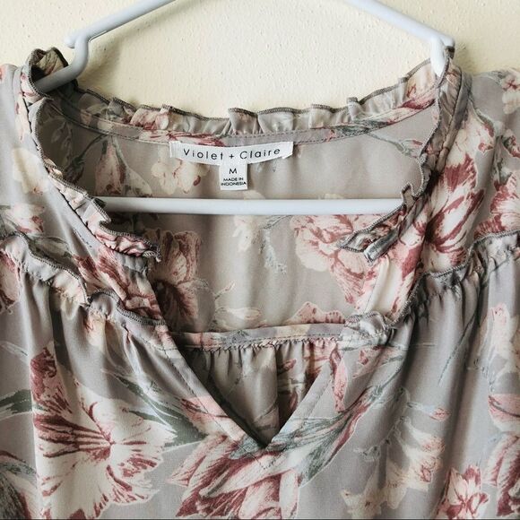 Grey Floral Long Sleeve Blouse Medium - Picture 3 of 5